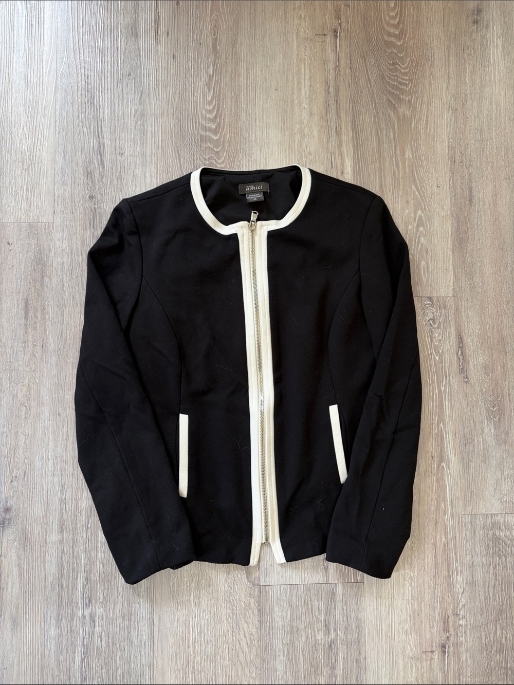 AllSaints Black Zip-Front Jacket with Cream Trim